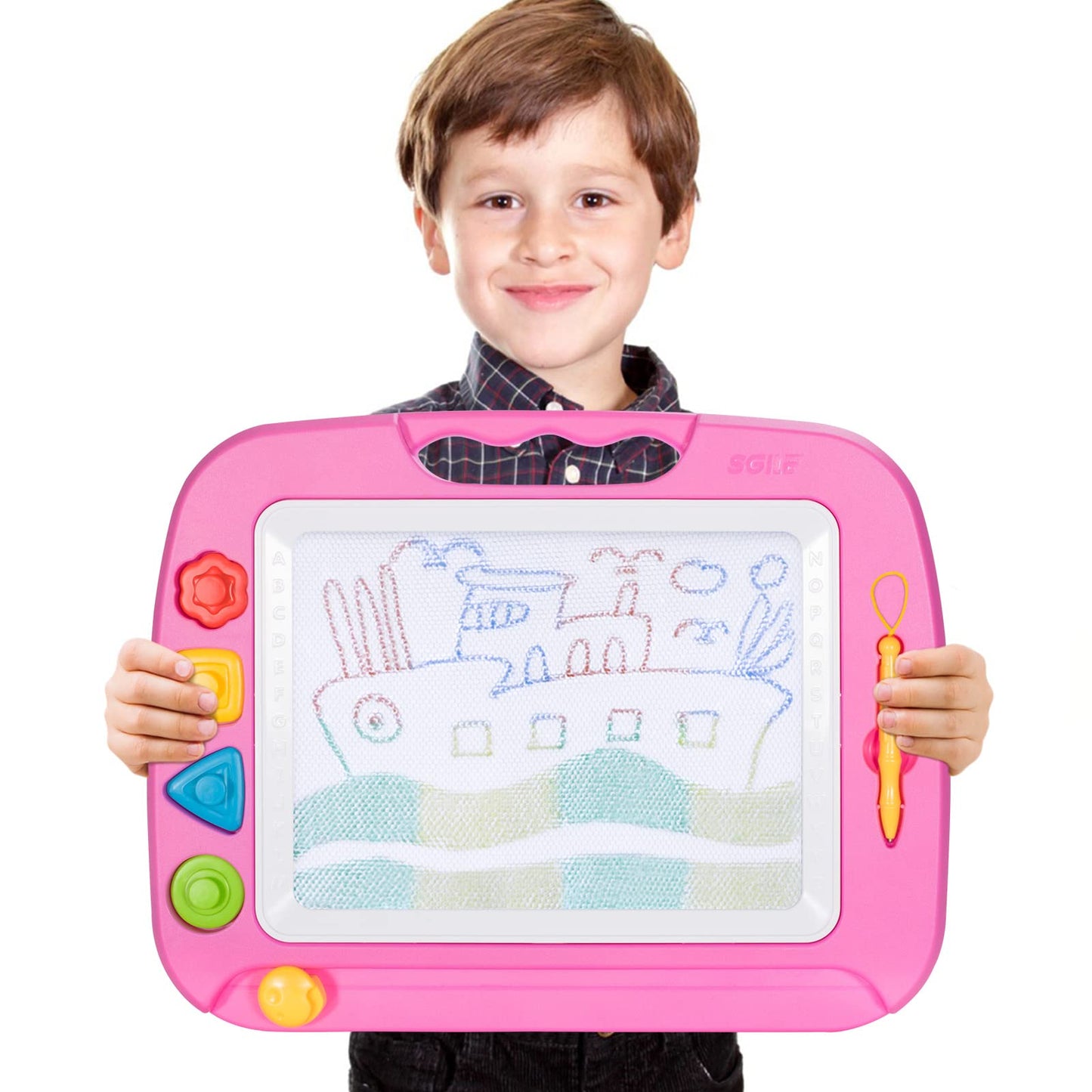 SGILE Large Magnetic Drawing Board Magic Doodle Board, 42x32cm Sketch Pad Magic Drawing Board Painting Board with 4 Shape Stamps for Kids Ages 3+ Gift, Pink