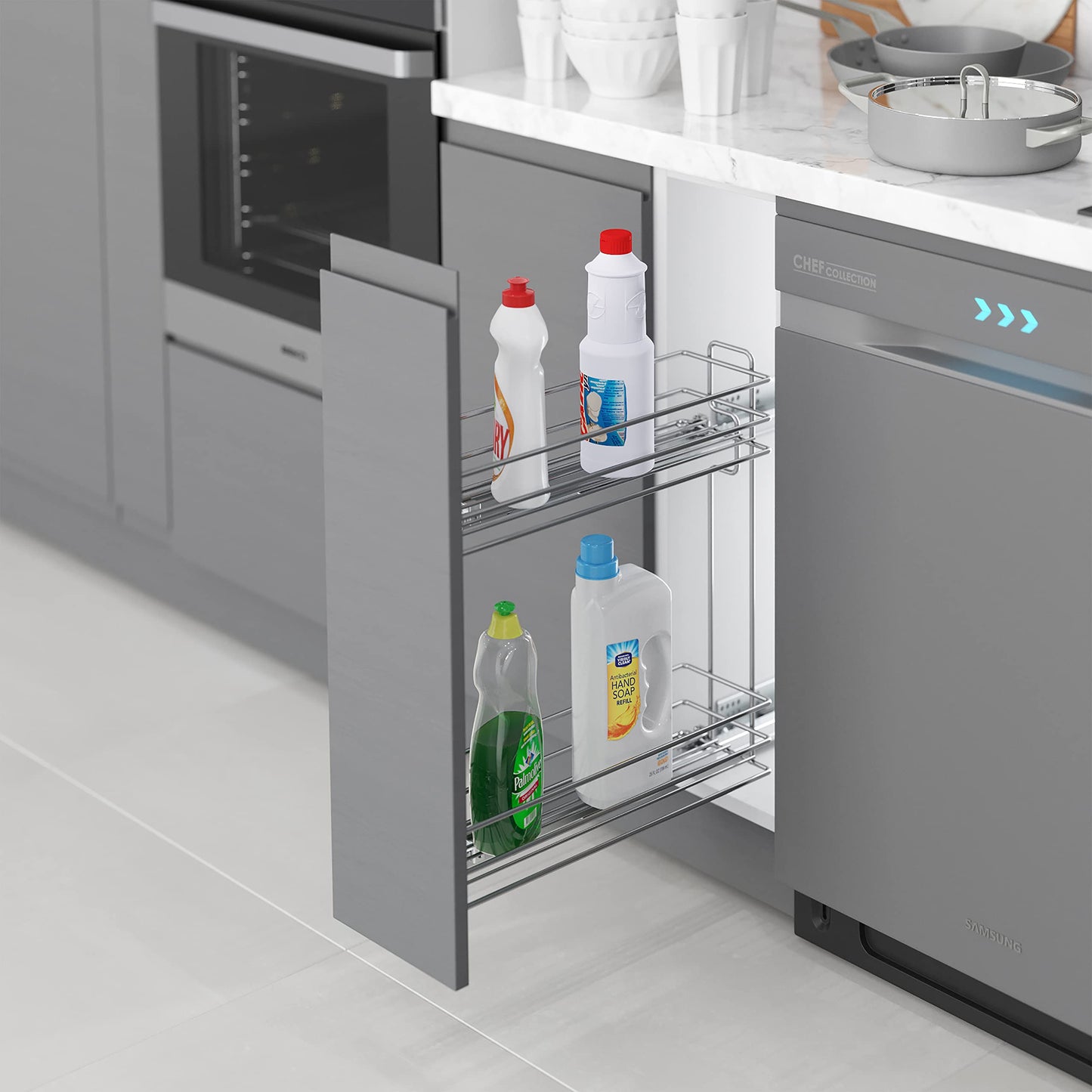Emuca - Pull-out bottle holder with damping system, Pull-out bottle cart for kitchen cabinets, 150mm, Chrome-plated, Steel