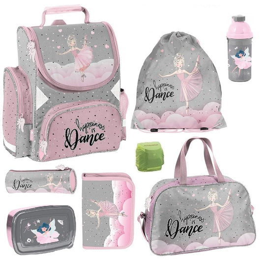 Familando girl's school backpack set Ballerina, 8-piece, ergonomic satchel with reflectors, from 1st grade with pencil case and sports bag (Ballerina)