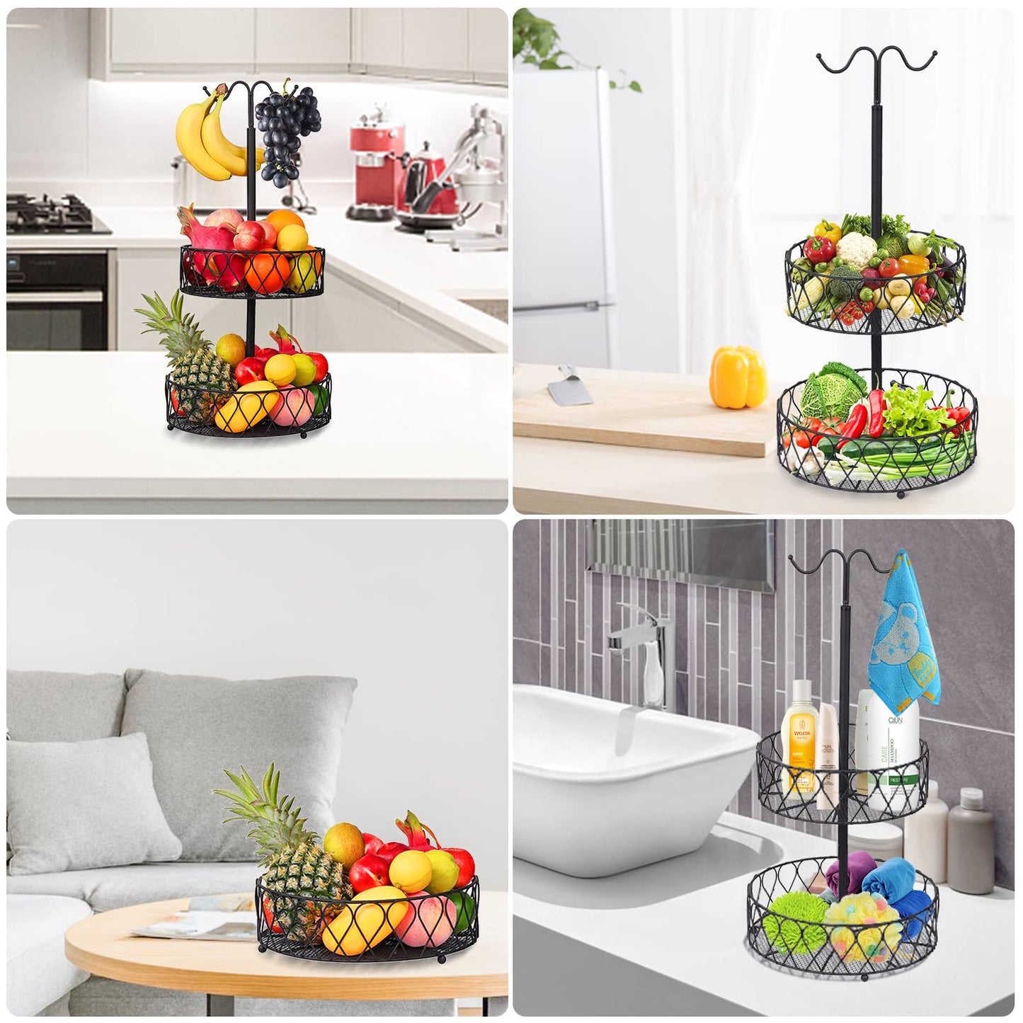 DUGEHO Fruit Stand 2-Tier Banana Holder Fruit Basket for More Counter Space - Storage for Fruits & Vegetables, Fruit Bowl, Fruit Stand (black)