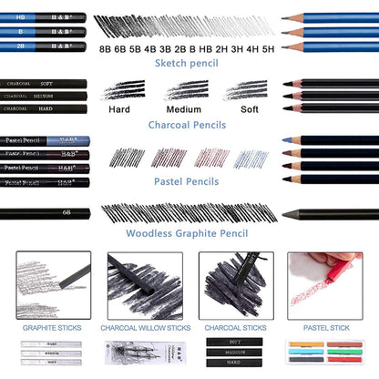 Cozii 51-piece charcoal pencil set includes graphite and color pencils, sketchbook, drawing supplies, and zippered carry case. Perfect for artists, adults.