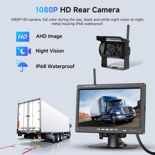 Podofo Wireless Backup Camera Kit HD 1080P, 7-inch monitor with wireless backup camera for trailer, RV, truck, car, bus, IP68 waterproof, night vision, BSD, 12V-36V.