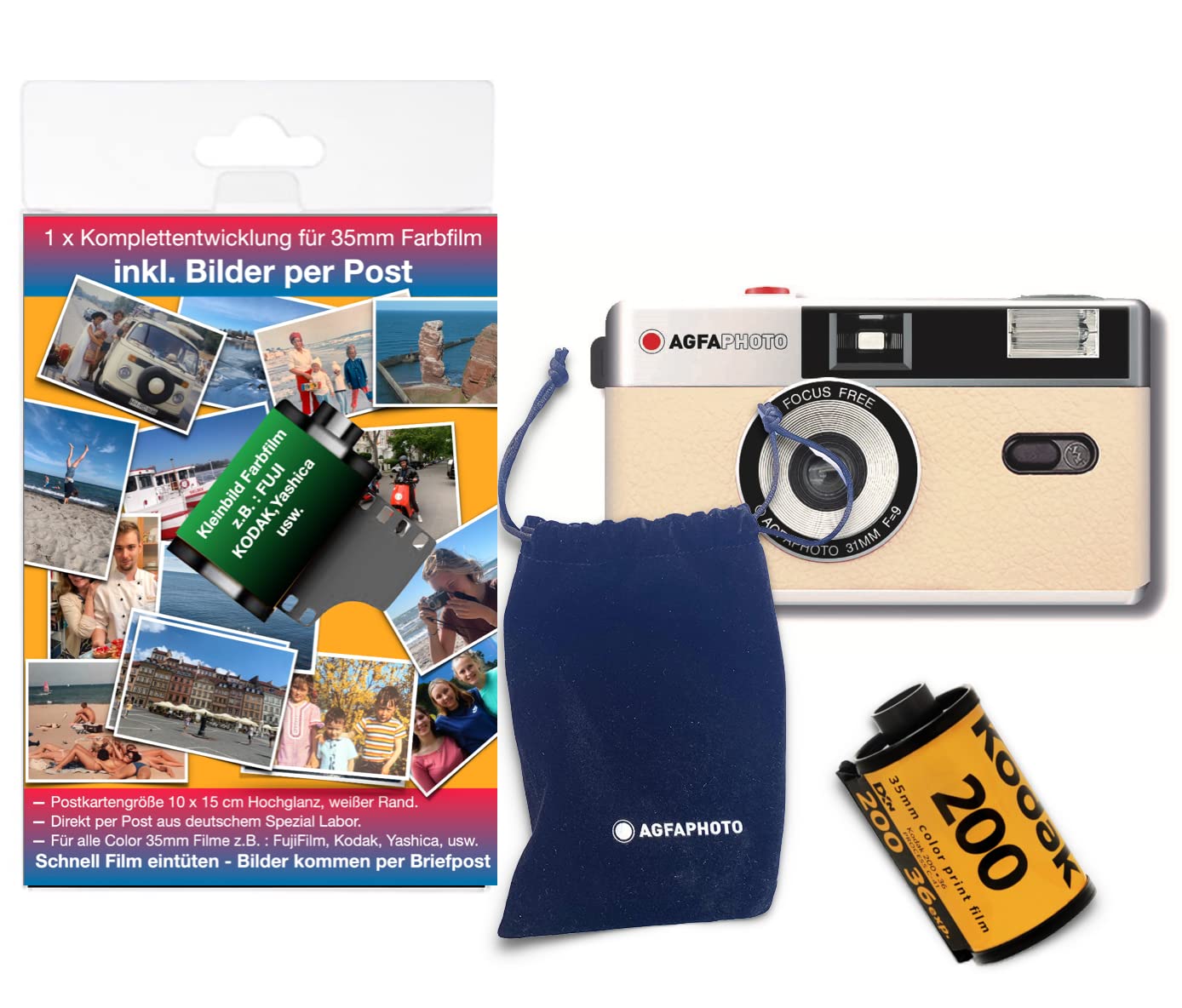 AgfaPhoto 35mm analog photo camera complete set: color film + battery + development for color photos (by mail)