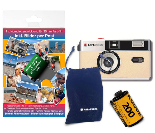 AgfaPhoto 35mm analog photo camera complete set: color film + battery + development for color photos (by mail)