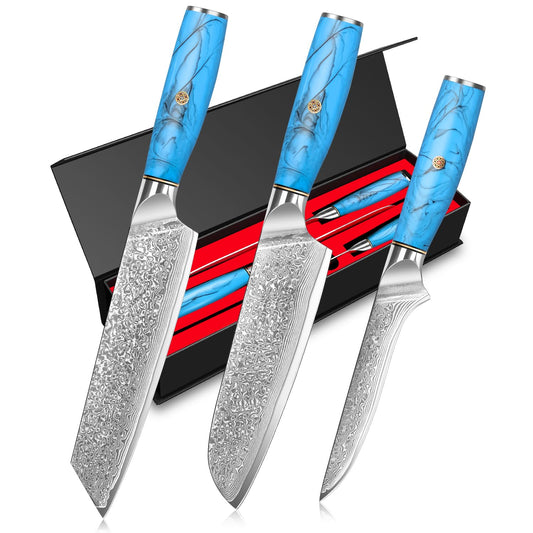 Home Safety Damascus Knife Set, 3PC Damascus Chef Knife Set Santoku Knife Set made of 67 layers Vg-10 Damascus steel, Professional Damascus Kitchen Knife Set with Ergonomic Resin Handle, Gift Box