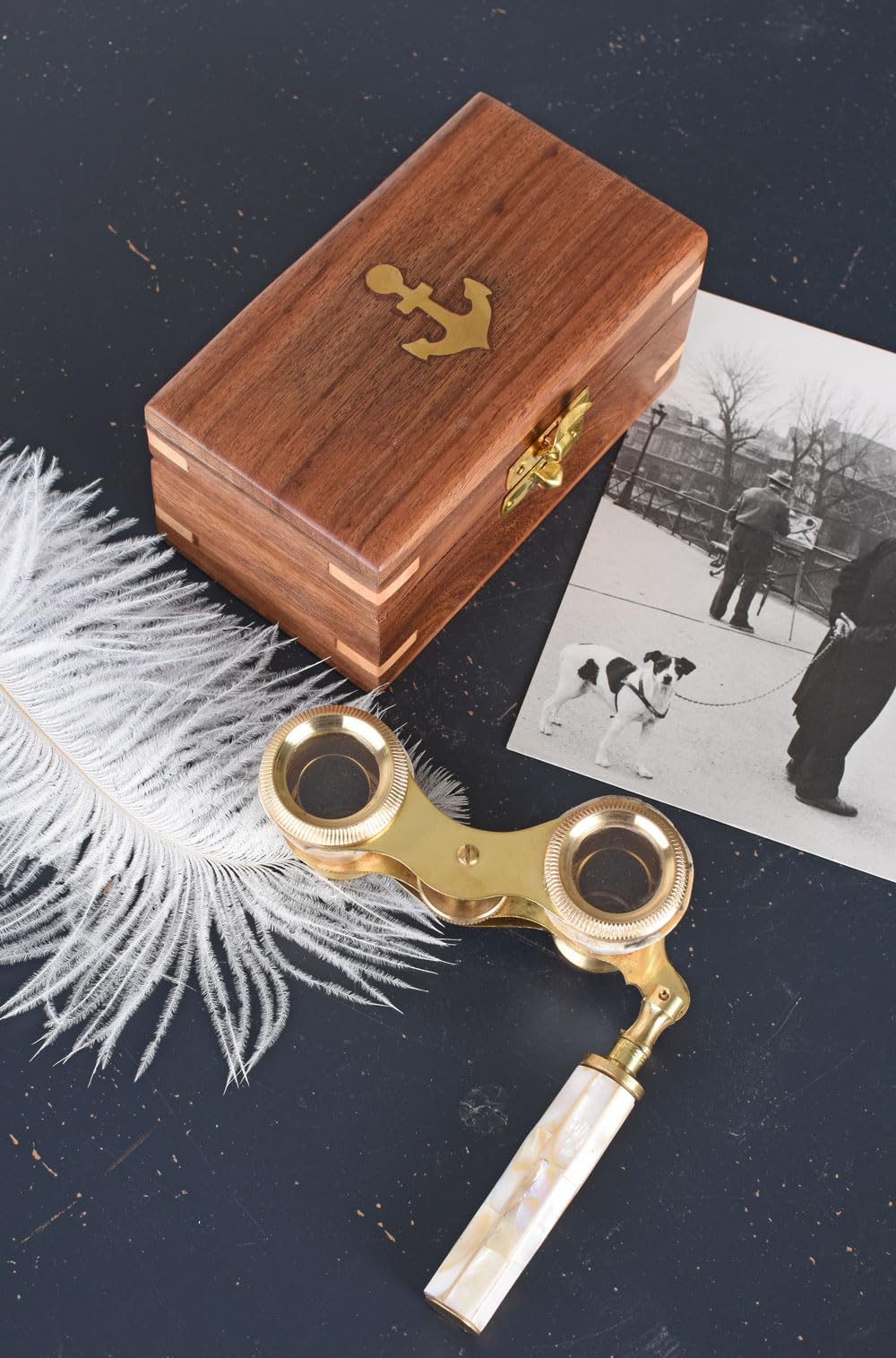 Opera glass with wooden box, theater binoculars, brass and mother-of-pearl antique, lup147 Palazzo Exclusive.