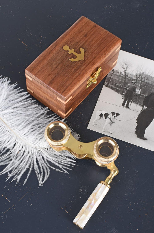 Opera glass with wooden box, theater binoculars, brass and mother-of-pearl antique, lup147 Palazzo Exclusive.