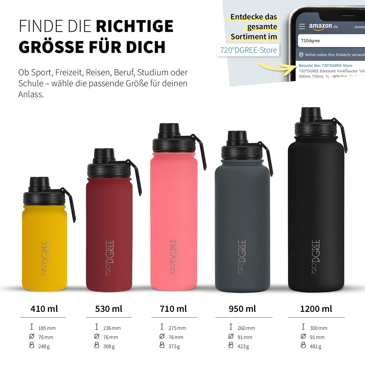 720°DGREE Stainless Steel Bottle 950ml "noLimit" - Leakproof, Carbonation Suitable, BPA-Free - Thermos Bottle, Insulated Bottle with Screw Cap for Sports, Fitness, Outdoor + Free Sports Lid