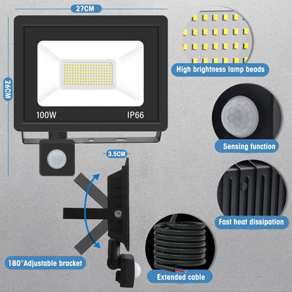 Outdoor 100W LED floodlight with motion sensor, 10000LM, IP66 waterproof. Cold white 6000K.