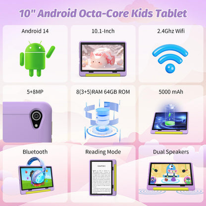 Yicty Kids Tablet｜Upgraded 10-inch Android 14 Tablet for Kids with Protective Case｜Octa-Core｜8+64GB Expandable to 1TB｜Dual Camera｜Parental Controls｜Great Gift for Toddlers