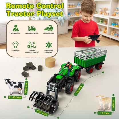 PENGBU RC Remote Control Tractor with Trailer, 2.4 GHz Remote Control Toy Tractor, Kids Tractor Remote Control with Front Loader, Trailer, Cow, Sheep, and Hay Bales for ages 3-8.