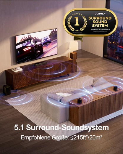 ULTIMEA 5.1 Surround Sound System, soundbar for TV devices with app control, soundbar with subwoofer, 2 surround speakers, home theater sound system with adjustable bass, Bluetooth 5.3, Aura A30