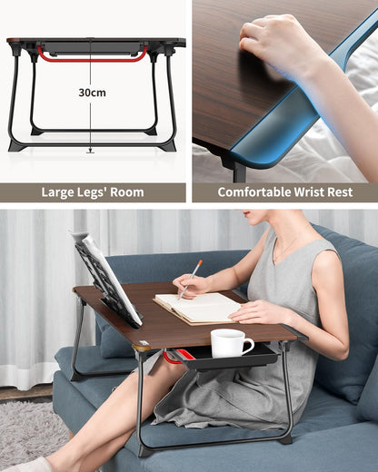 Laptop table for bed, SAIJI XXL folding bed table, for studying, eating, working, sofa, bed, with drawer, hand rest book stand, tablet phone stand (Black)