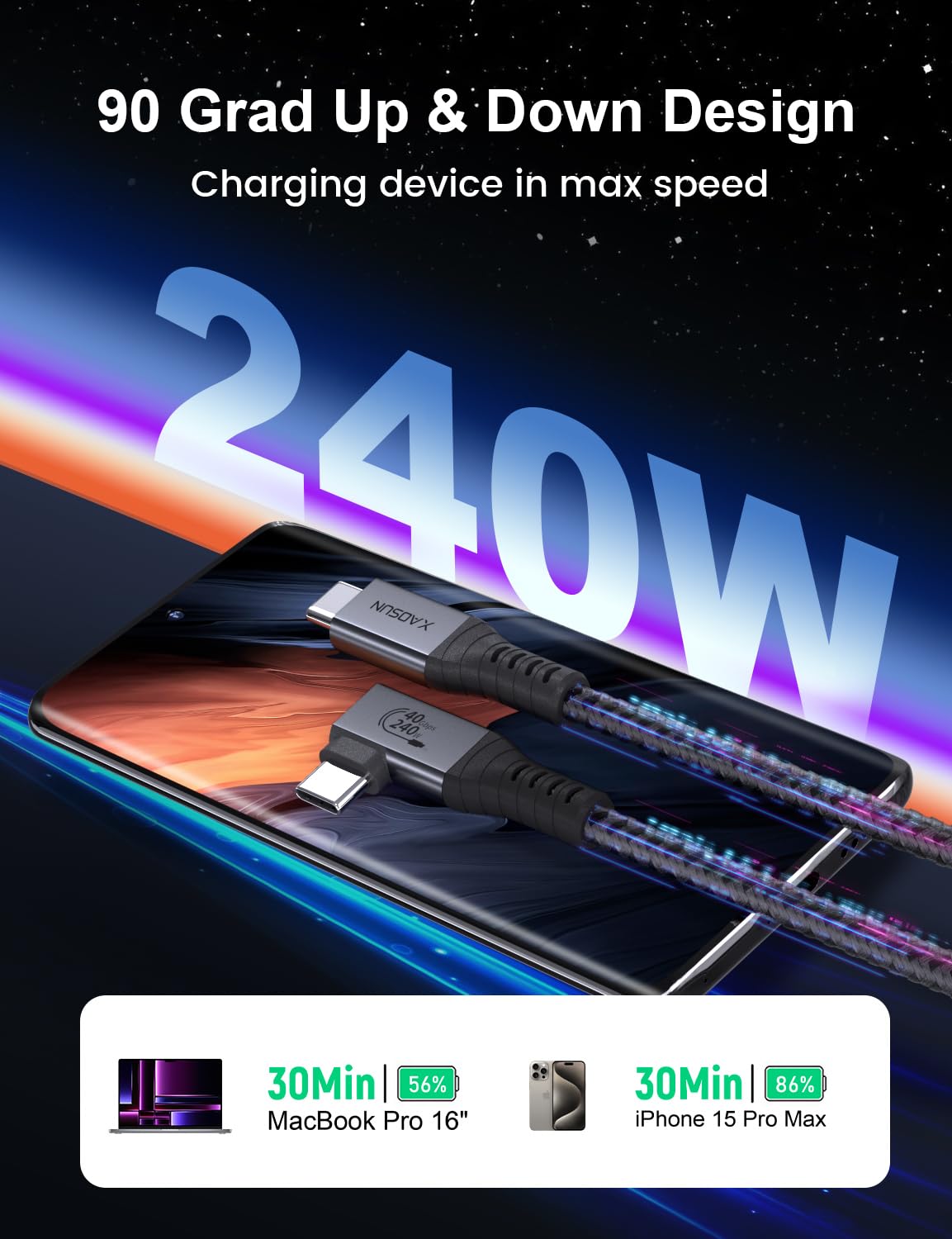 XAOSUN 240W USB4 for Thunderbolt 4 Cable Angle 1.8M, 40Gbps PD3.1 Thunderbolt Cable 90 Degrees, 8K@60Hz & 4K@120Hz, USB Charging Cable Angle Plug for iPhone 17/16/15 Pro/Max, Laptop, Monitor, PC