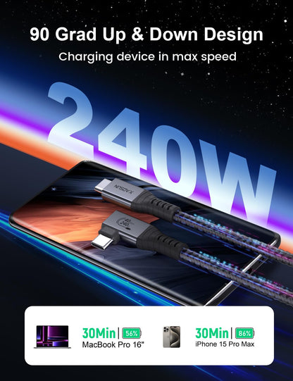 XAOSUN 240W USB4 for Thunderbolt 4 Cable Angle 1.8M, 40Gbps PD3.1 Thunderbolt Cable 90 Degrees, 8K@60Hz & 4K@120Hz, USB Charging Cable Angle Plug for iPhone 17/16/15 Pro/Max, Laptop, Monitor, PC