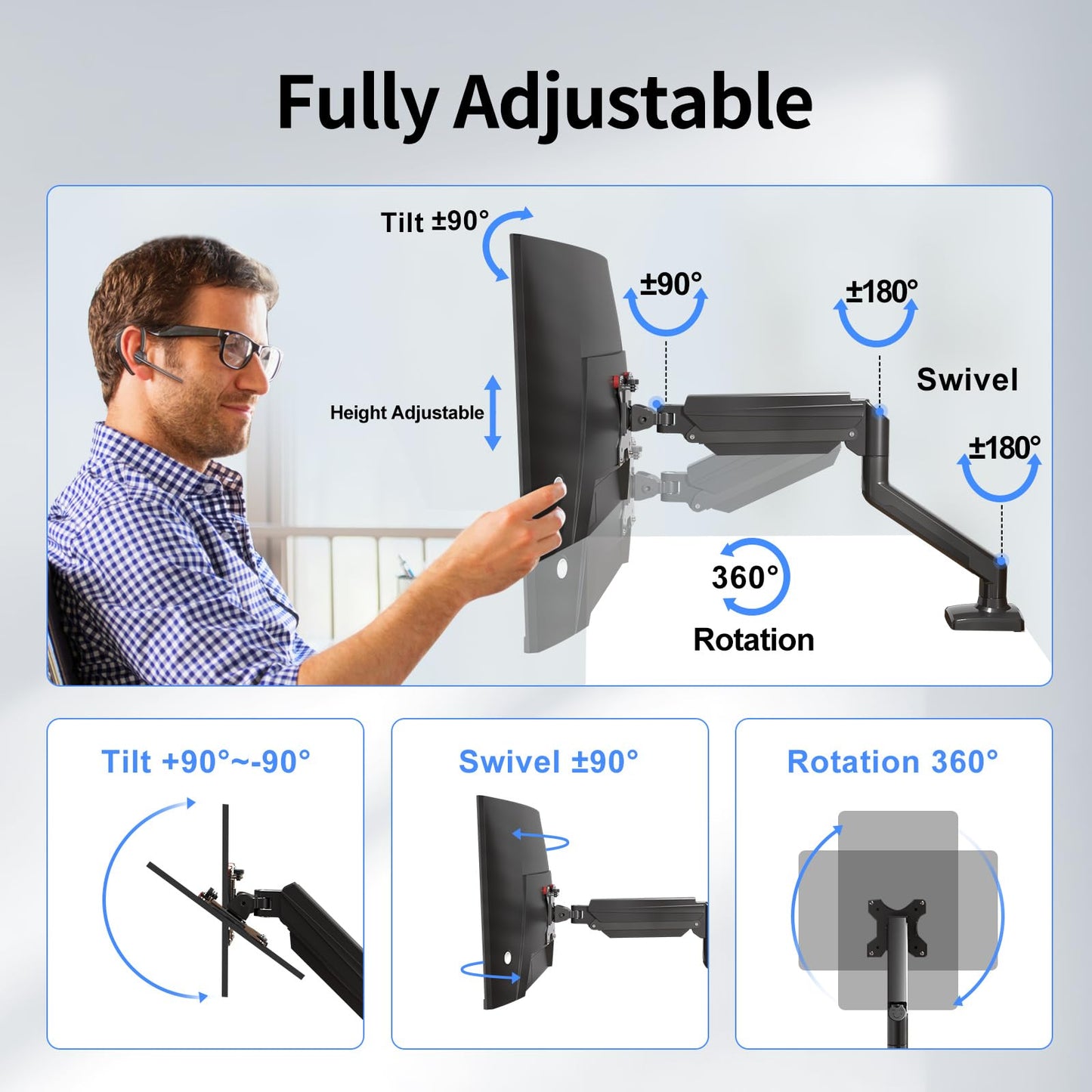 Suptek monitor mount for 13-32 inch LED LCD screen up to 9kg, monitor arm with gas spring, 360° rotation height adjustable swivel tilt, monitor bracket VESA 75x75/100x100mm, MD01A.