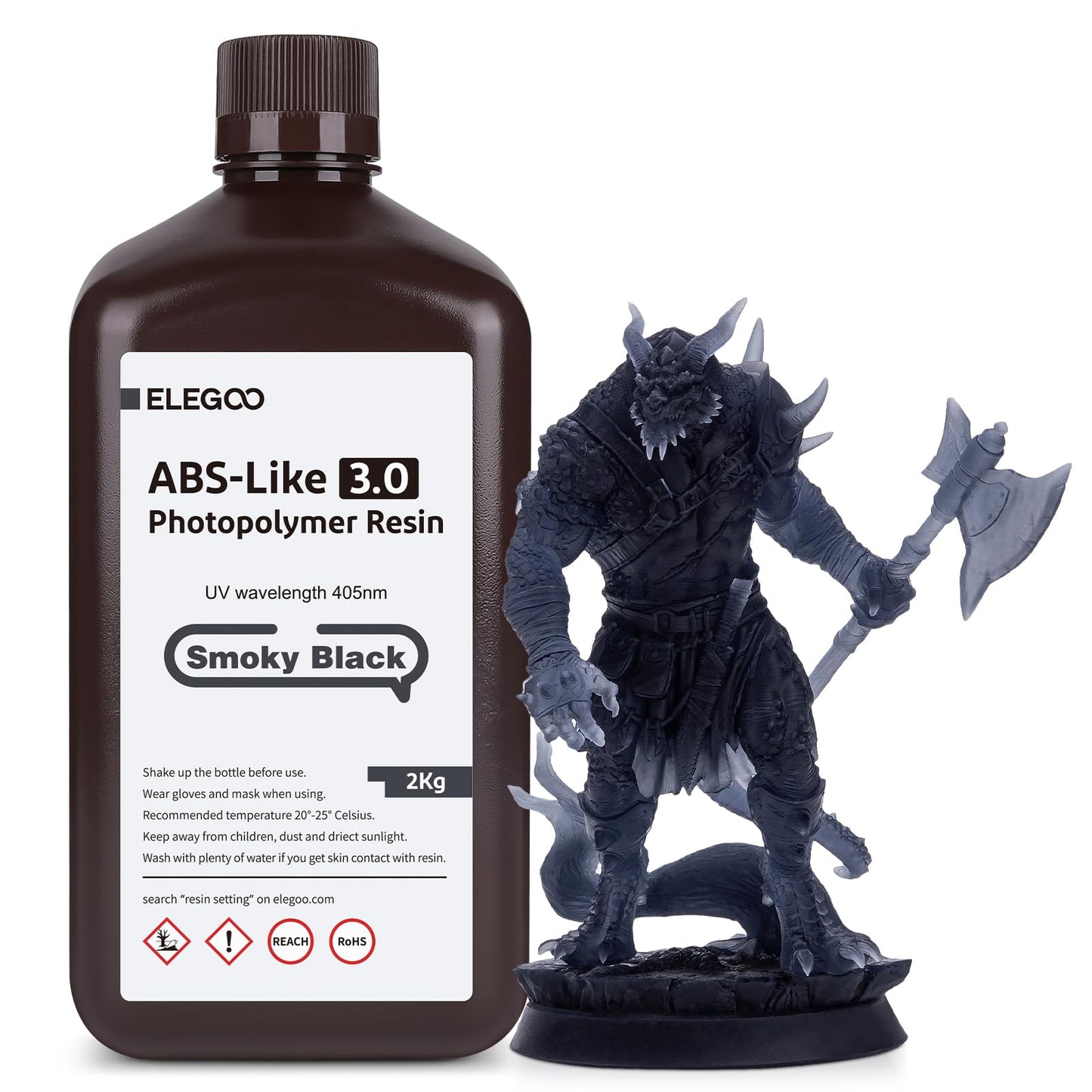 ELEGOO 405nm ABS-Like Resin 3.0, LCD UV Rapid Resin with high precision, non-brittle, improved strength and toughness for LCD/DLP 3D printers. Photopolymer resin 2000g in Smokey Black.