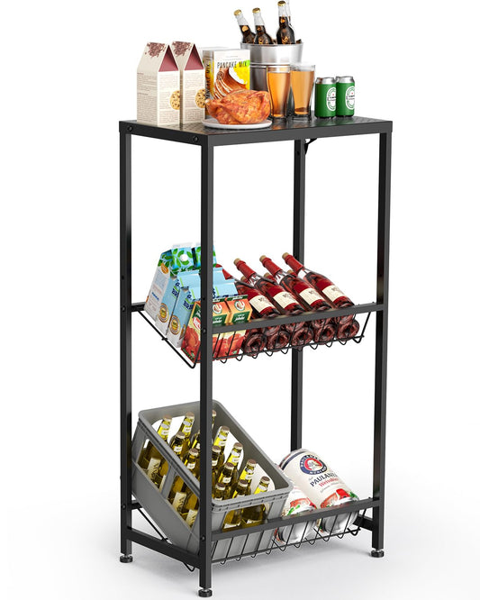 Rainsworth narrow beverage crate shelf in black with metal grid holder, 33W x 50D x 98H cm. Holds 2 crates with adjustable feet. Small beverage shelf.