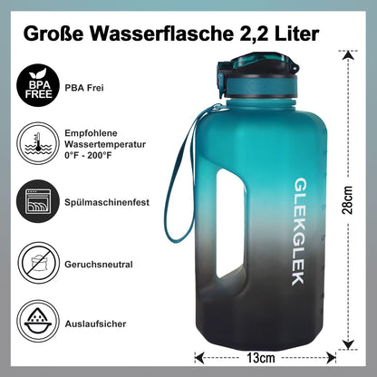 GLEKGLEK Large Water Bottle 2.2 Liters, Sports Bottle Gym with Time Markings for Work Exercise Camping (Green Black)