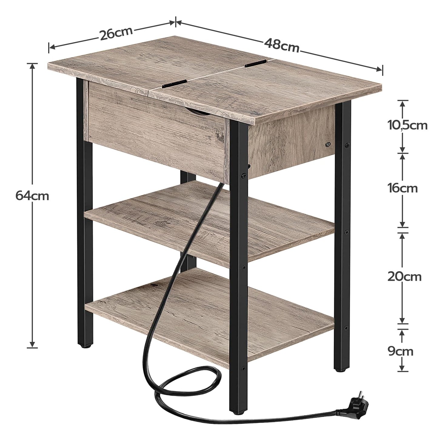HOOBRO Side Table, Flip-Top Coffee Table with Charging Station and Shelf, Narrow Bedside Table for Small Spaces, Bedroom, Living Room, Sturdy, Greige-Black EBG342BZ01