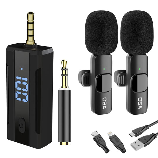 OSA Lavalier Microphone, Wireless Mini Microphone for Camera/Computer/Laptop/MacBook/Phone with Power Display, Dual wireless lavalier microphone with built-in noise reduction chip.