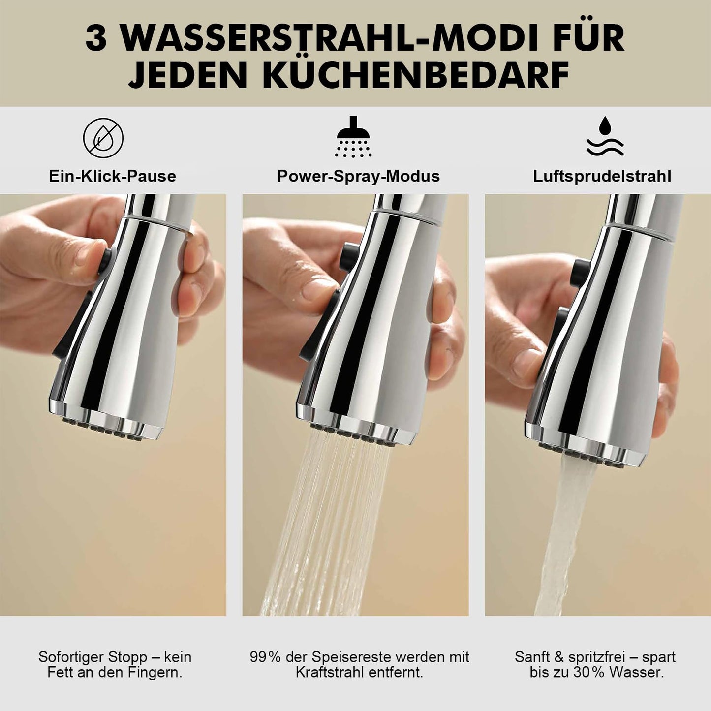 Ibergrif Kitchen Faucet Pull Out Stainless Steel 360° Swivel, Mixer Tap with 3 Spray Modes, 50cm Cold-Warm Water Connection Hoses, Easy Installation, Polished Chrome