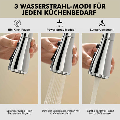 Ibergrif Kitchen Faucet Pull Out Stainless Steel 360° Swivel, Mixer Tap with 3 Spray Modes, 50cm Cold-Warm Water Connection Hoses, Easy Installation, Polished Chrome