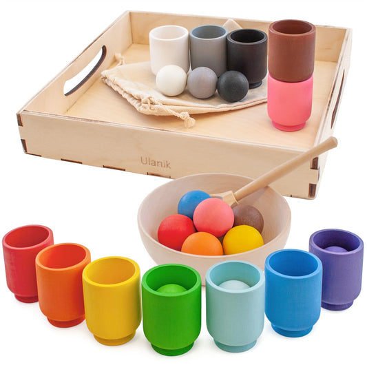 Ulanik balls in cups Montessori toy wooden sorter game 12 balls 30mm age 1+ color sorting and counting preschool learning education