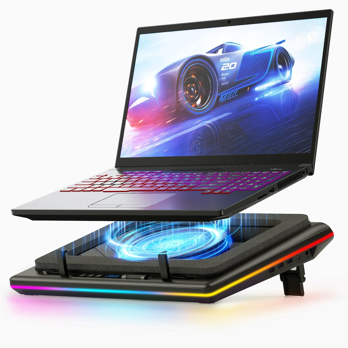 Llano RGB Gaming Laptop Cooler Cooling Pad with Touch Control Stepless Speed & 14cm Extra-Large Powerful Turbo Fan Sealing Foam 3-Port USB Hub for 15-19 Inch Notebook