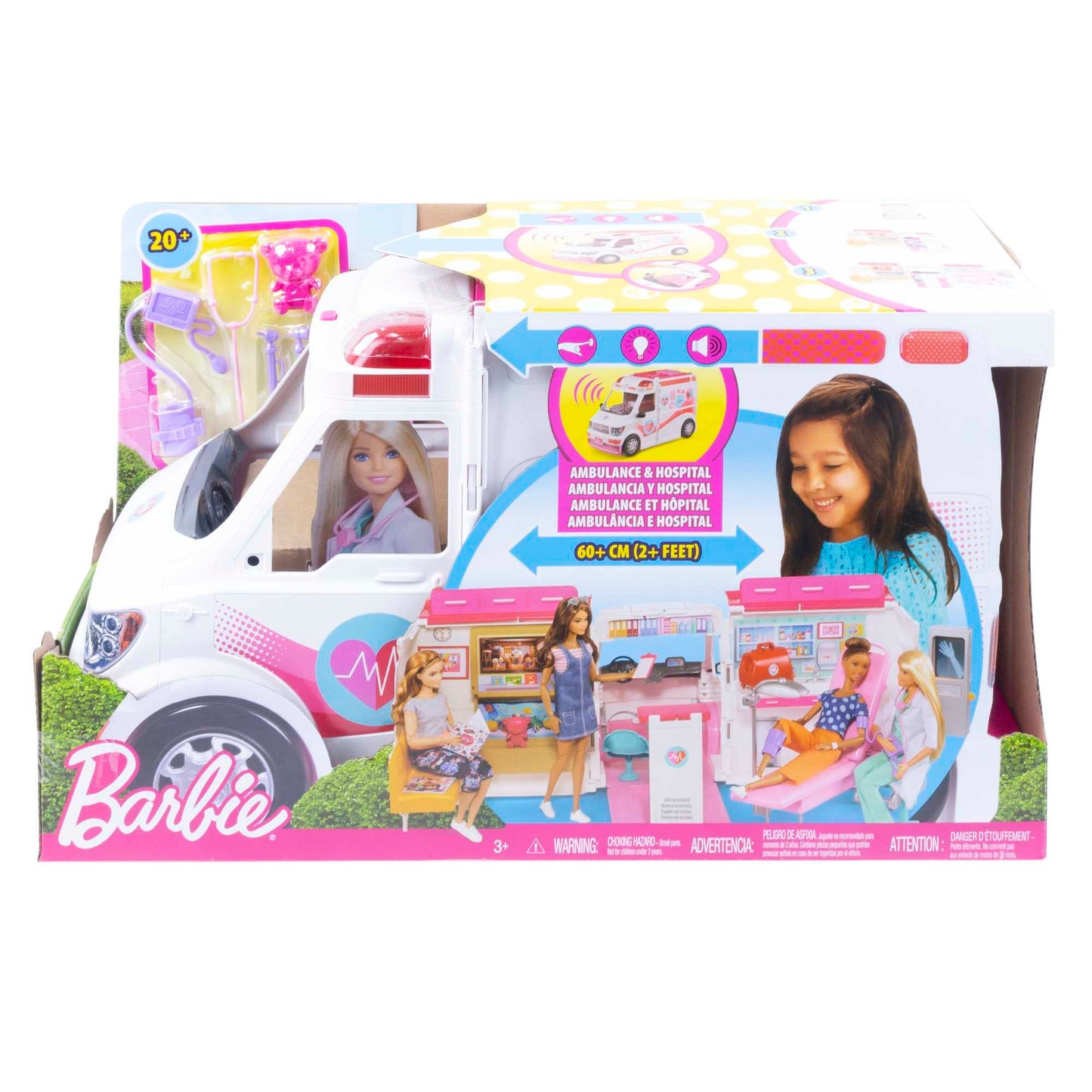 Barbie Ambulance, 2-in-1 including a fold-out hospital playset with lights and sounds, 20+ Barbie accessories like doctor's bag and crutches, toy for ages 3 and up, FRM19