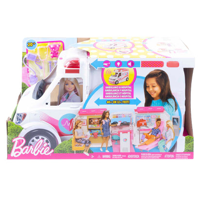 Barbie Ambulance, 2-in-1 including a fold-out hospital playset with lights and sounds, 20+ Barbie accessories like doctor's bag and crutches, toy for ages 3 and up, FRM19