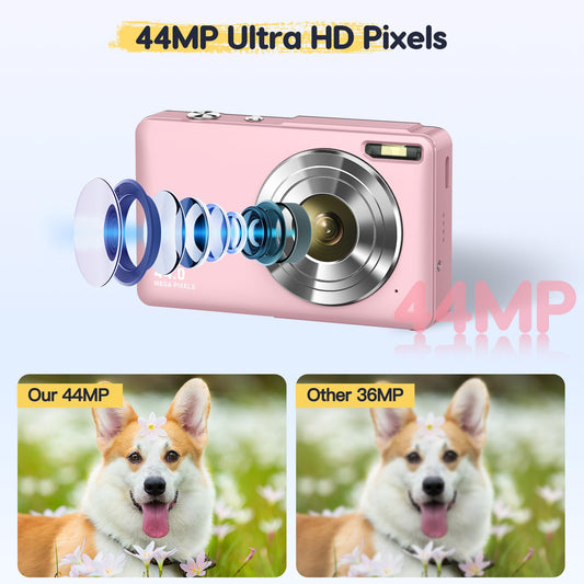 Digital camera 44MP FHD 1080p camera with 32G card. Photo camera with battery. Easy portable 16X digital zoom camera for kids, teens, students, seniors, beginners. (Pink)