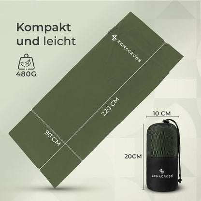 Zenacross - Cotton Sleeping Bag Liner - Ultralight Travel Sheet - Compact Sleeping Bag Liner with Pillow Pocket - Small & Lightweight - Khaki