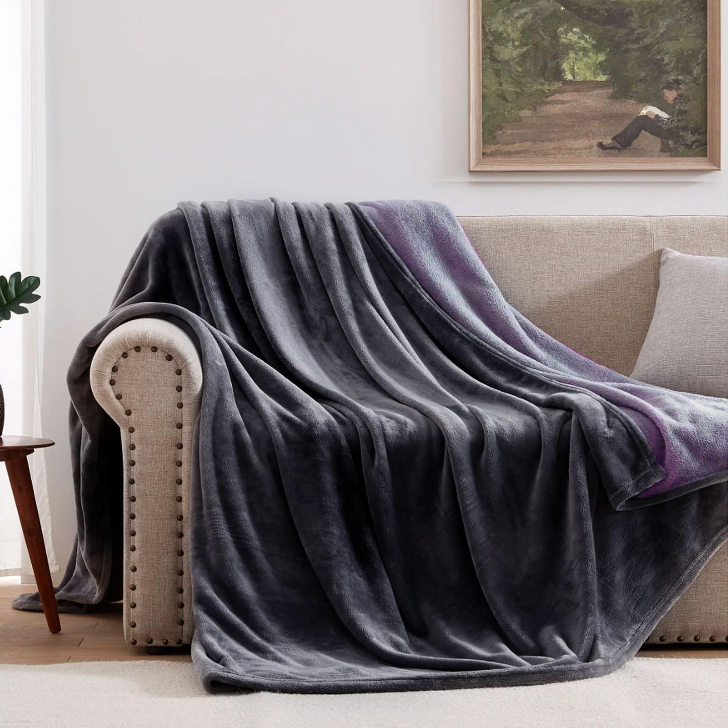 YISURE waterproof blanket Grey 200x150 cm for adults, Washable Grey and Purple Blankets for Sofa Couples Intimacy, Queen Size Reversible Leak-Proof Protective Cover Couch-Bed Cover