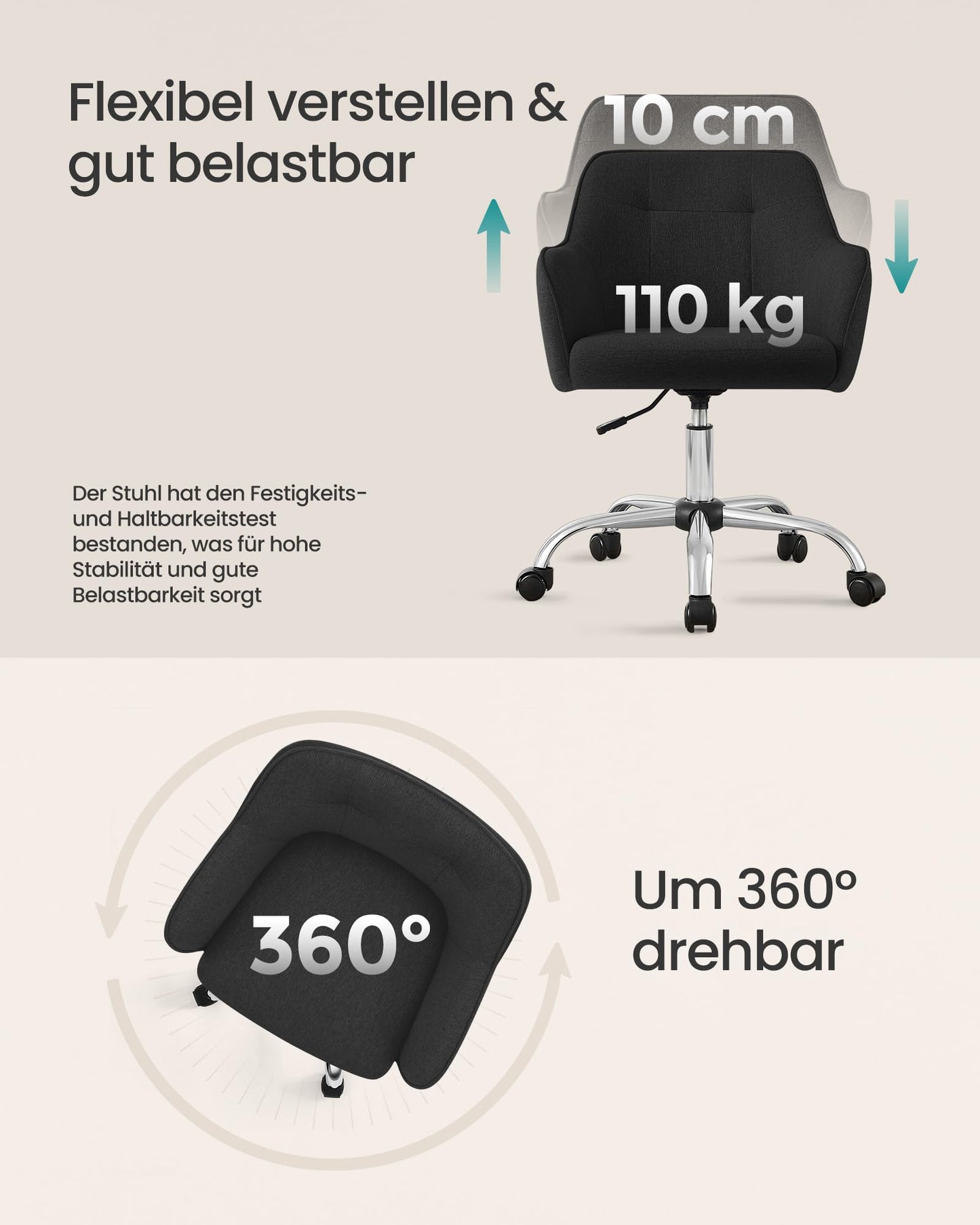 SONGMICS Home Office Chair, Swivel Desk Chair, Height Adjustable, Supports up to 110 kg, Breathable Fabric, for Home Office, Bedroom, Black OBG019B01
