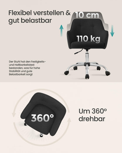 SONGMICS Home Office Chair, Swivel Desk Chair, Height Adjustable, Supports up to 110 kg, Breathable Fabric, for Home Office, Bedroom, Black OBG019B01
