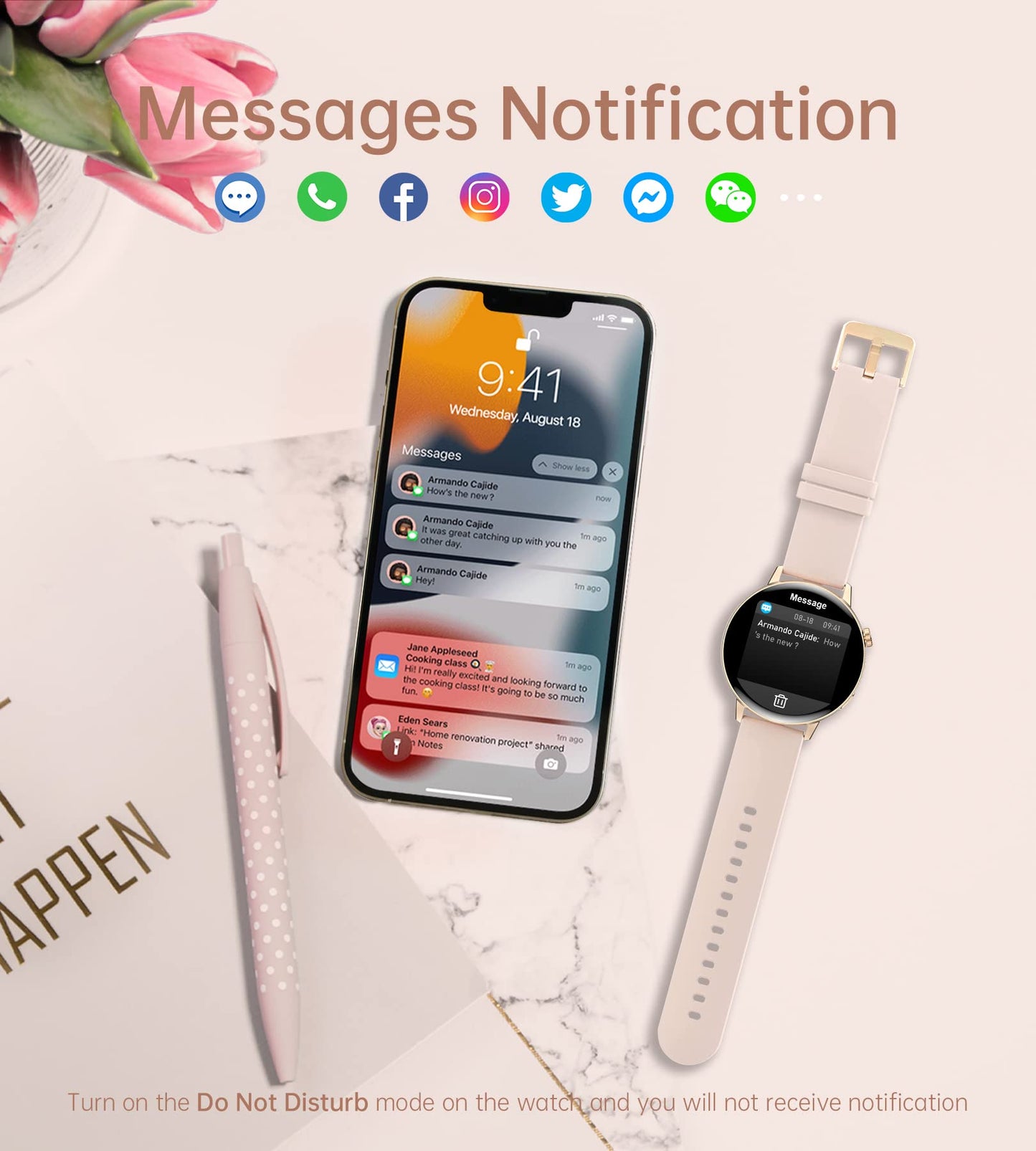 Iaret Smartwatch for women with phone function, 1.32 inch HD touchscreen fitness watch with menstrual cycle tracking, heart rate monitor, SpO2, 20 sports modes, waterproof sports wristwatch for Android iOS, rose gold.
