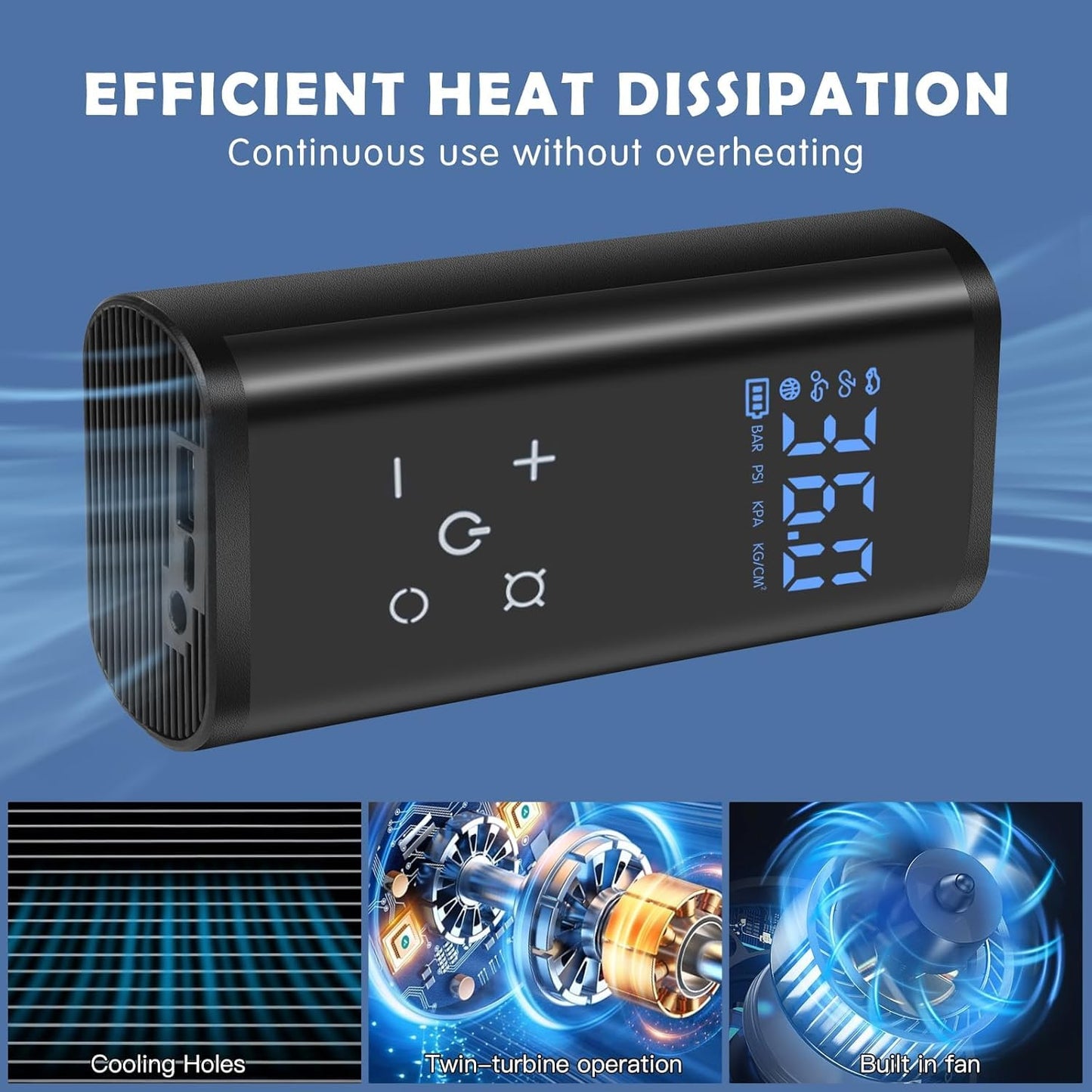 Electric air pump, 150 PSI portable battery compressor, 6000mAh bike pump air compressor for car bike motorcycle balls, touchscreen, rechargeable via USB-C, doubles as emergency light and power bank.