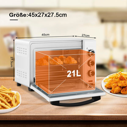 WOLTU Mini oven 21 L, electric mini oven, toaster oven, pizza oven, 1280 W, 100-230 °C, timer 60 min., top/bottom heat, double glazing, white