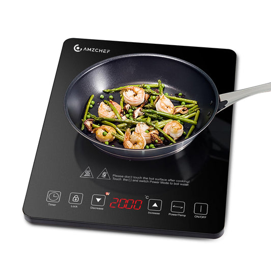 AMZCHEF Induction Cooktop, 2000W Single Induction Hob with slim design, 20 power levels, 20 temperature settings, safety lock, 3-hour timer, black