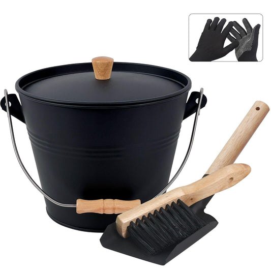 BRIAN & DANY ash bucket with lid, Round coal bucket for fireplaces, 5L bucket with shovel and hand broom, Tool set accessories for fireplace, fire pit, wood stove.
