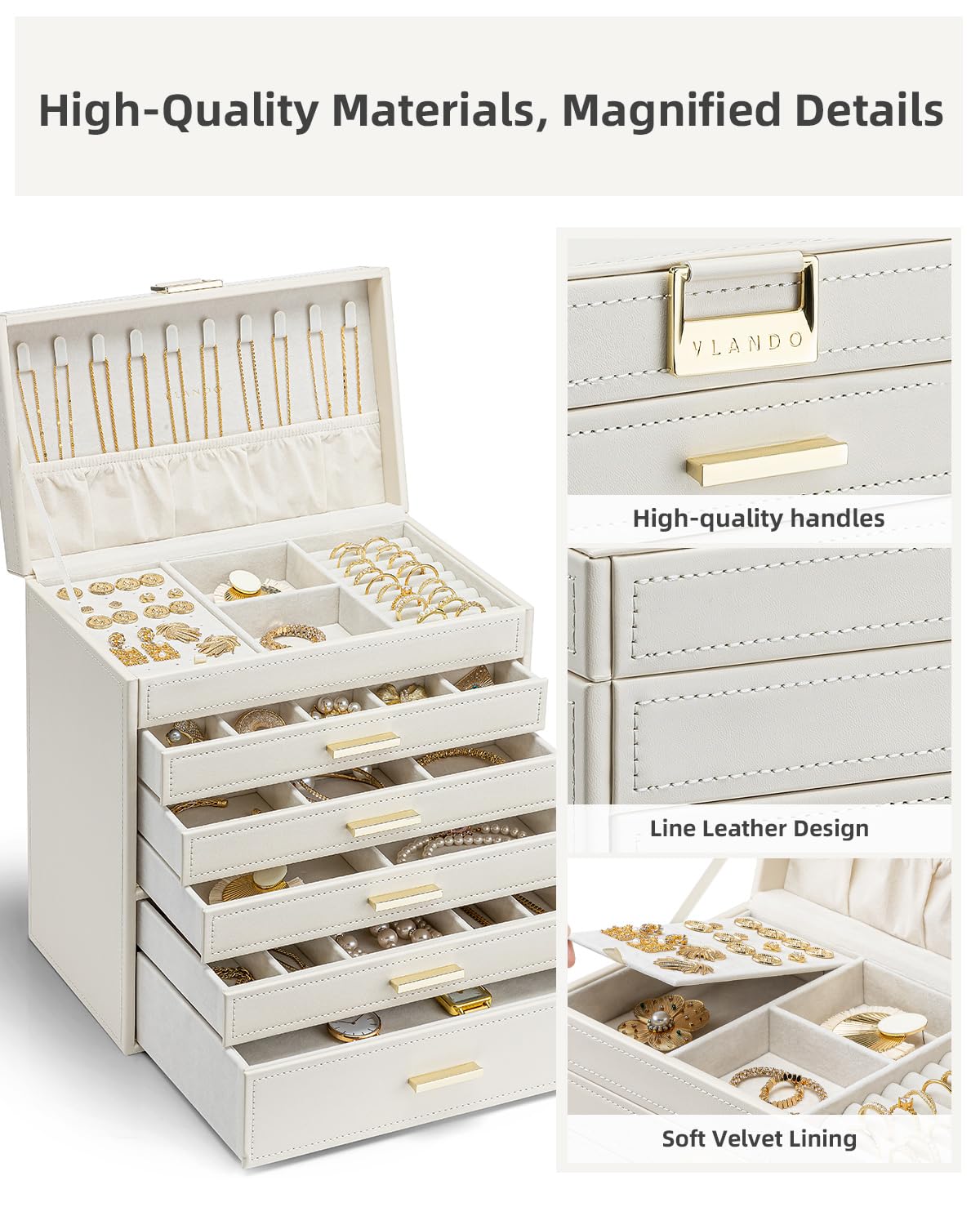 Vlando Modern Jewelry Box Large, Jewelry Storage with 6 Levels, Jewelry Box for Women, for Earrings, Rings Jewelry Storage, with Drawers, Mirror, Watch Pillow, Gift for Women