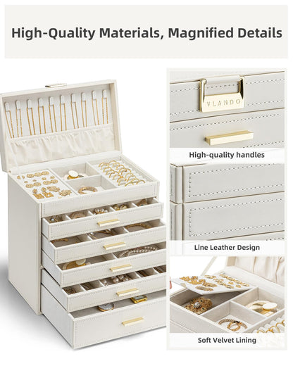 Vlando Modern Jewelry Box Large, Jewelry Storage with 6 Levels, Jewelry Box for Women, for Earrings, Rings Jewelry Storage, with Drawers, Mirror, Watch Pillow, Gift for Women