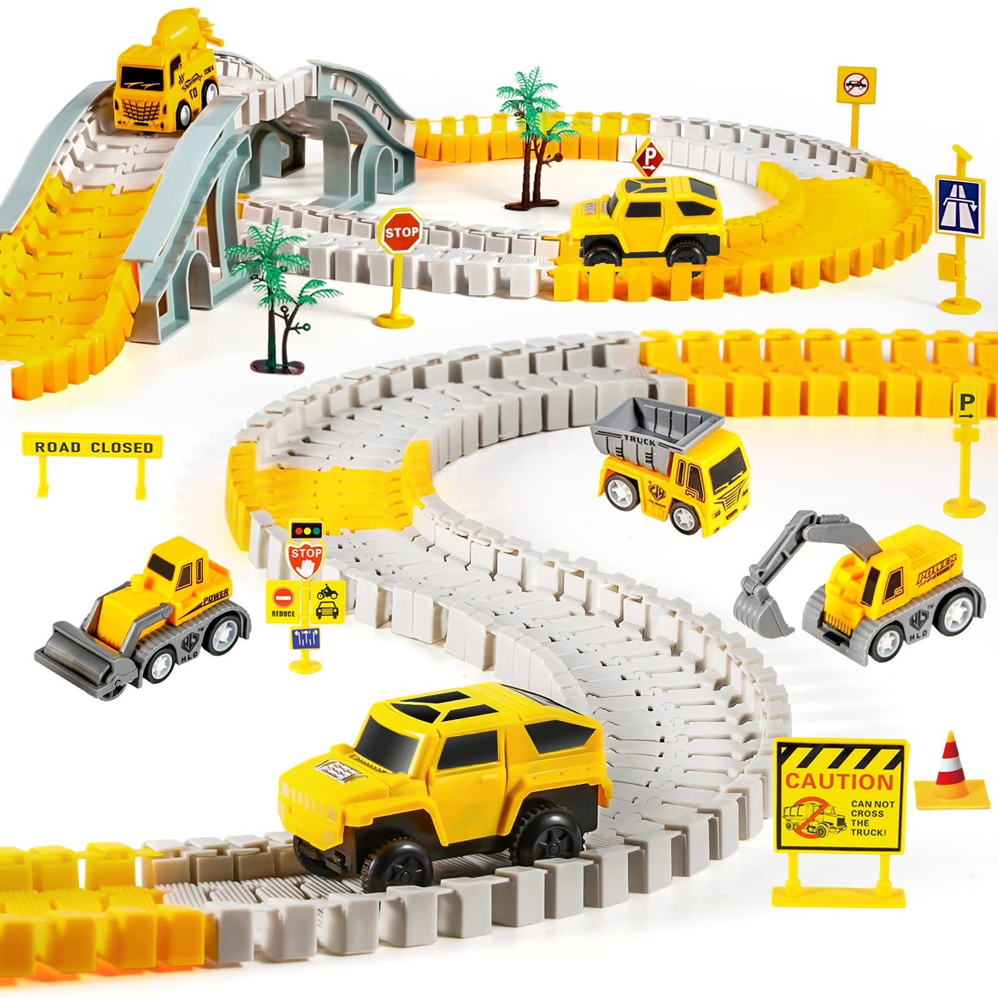 Kizplays 260pcs Car Race Track 6 Cars Excavator Toy from Toy Cars Highway from 3 4 5 6 Years Boys Girls, Flexible Track Crane Games, Electric Car Racing Track for Children Gift