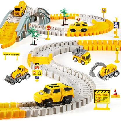 Kizplays 260pcs Car Race Track 6 Cars Excavator Toy from Toy Cars Highway from 3 4 5 6 Years Boys Girls, Flexible Track Crane Games, Electric Car Racing Track for Children Gift