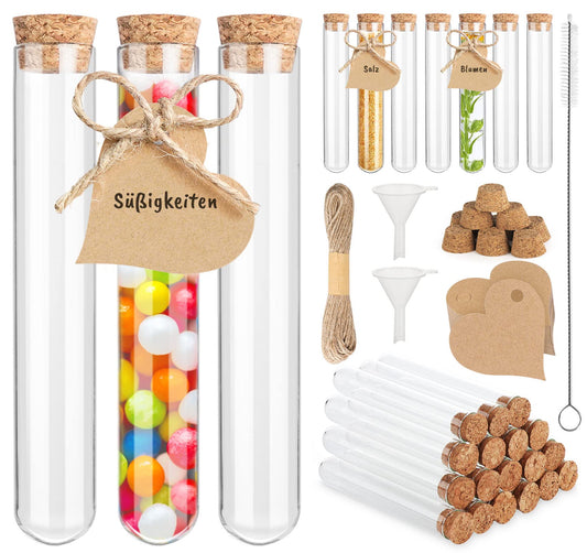 Mocraft 30 pieces Test tube with cork glass Transparent Test tubes 20 x 150 mm Test tube for flowers, weddings, guest gifts with kraft paper label