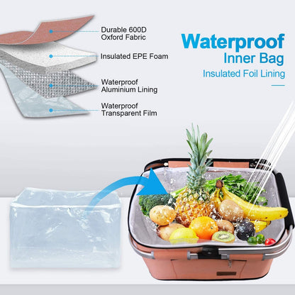 LIQINGG 35L waterproof cooler bag shopping basket large insulated cooler lunch bag thermal bag for office camping picnic travel side support stand upright collapsible (patent protection)