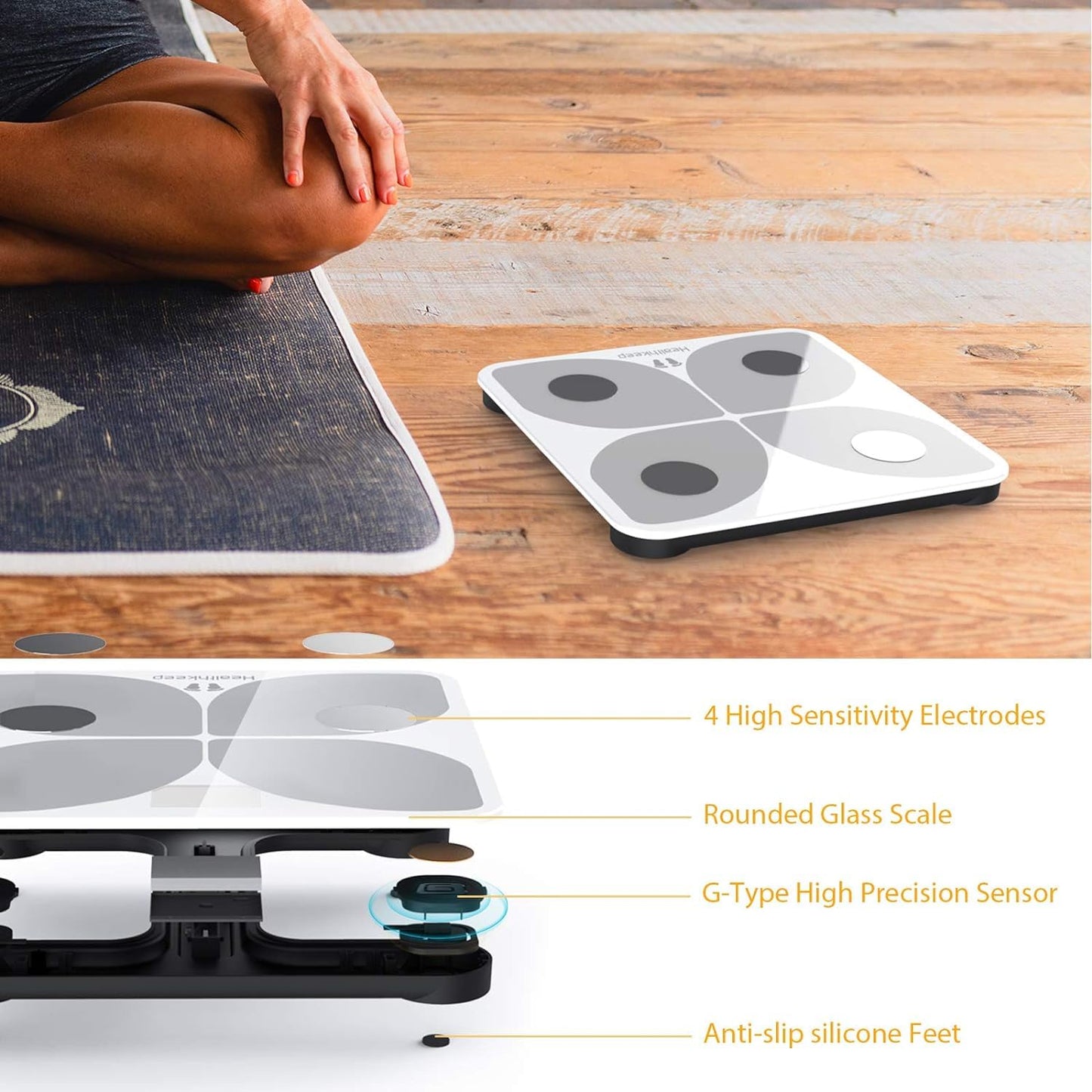 Body fat scale, digital bathroom scale with Bluetooth body analysis app for body fat, BMI, muscle mass, protein, BMR 28cm*28cm.