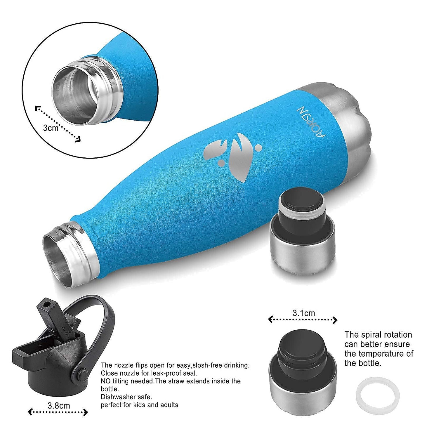 AORIN Vacuum Insulated Water Bottle - 500ml - BPA-Free, 24 Hrs Cold & 12 Hrs Hot, Ideal Thermos Bottle for Kids, School, Sports, Outdoor, Bike, Fitness