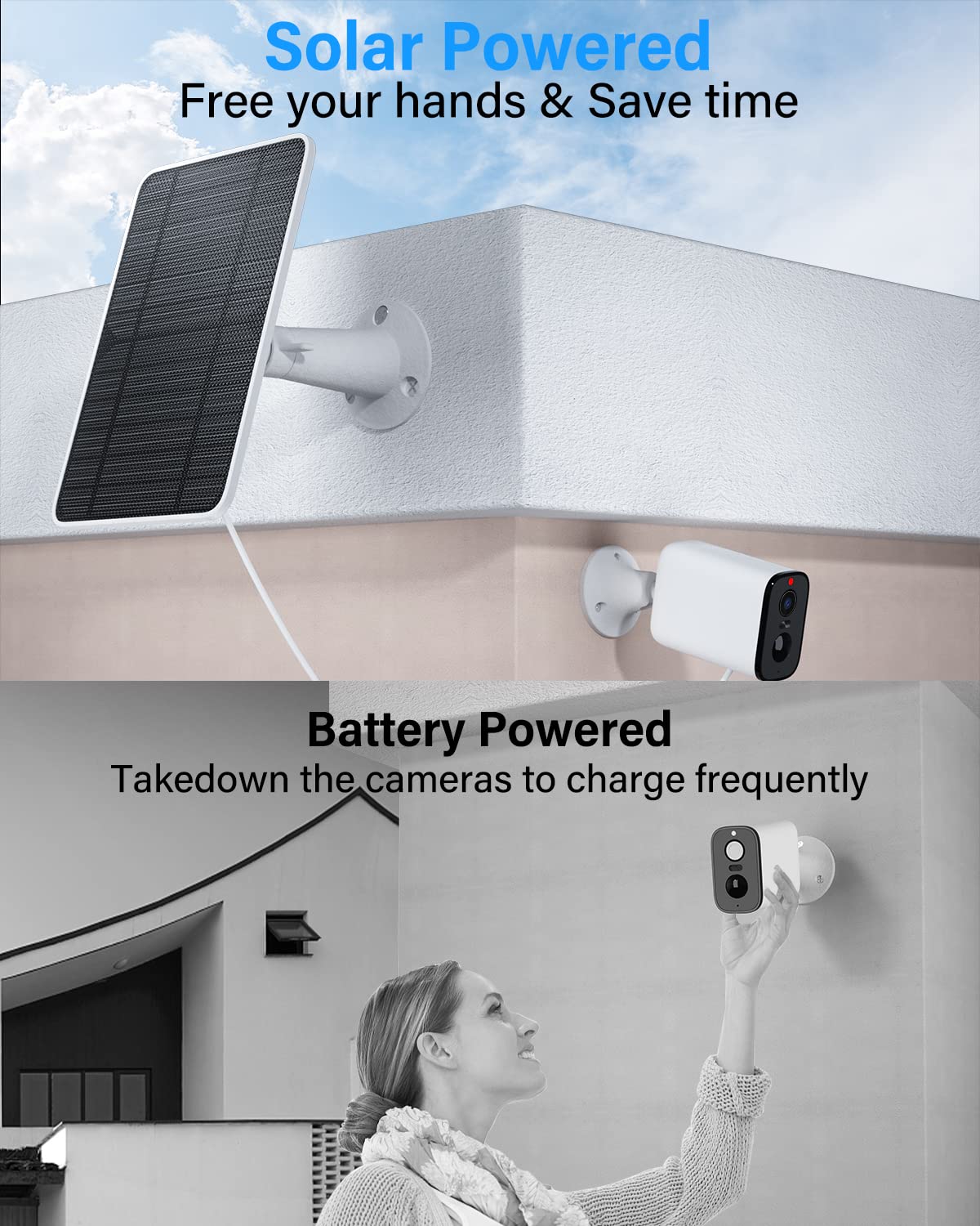 Solar panel compatible with Pro 4, Pro 3, Ultra, Ultra 2 & Floodlight outdoor security cameras. 5V4W solar panels charge IP65 weather-resistant with 3m magnetic charging cable, adjustable bracket, 2 pack.